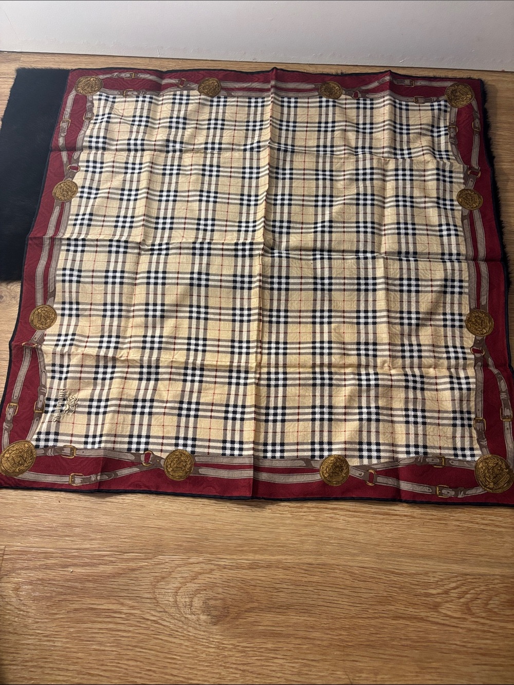 Burberry Beige Check Square Scarf with Burgundy Border and Gold Medallions